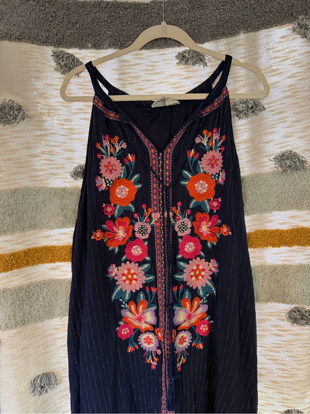 Savanna Jane Dress Navy Gold Metallic Stripes Floral Embroidery Size 1X